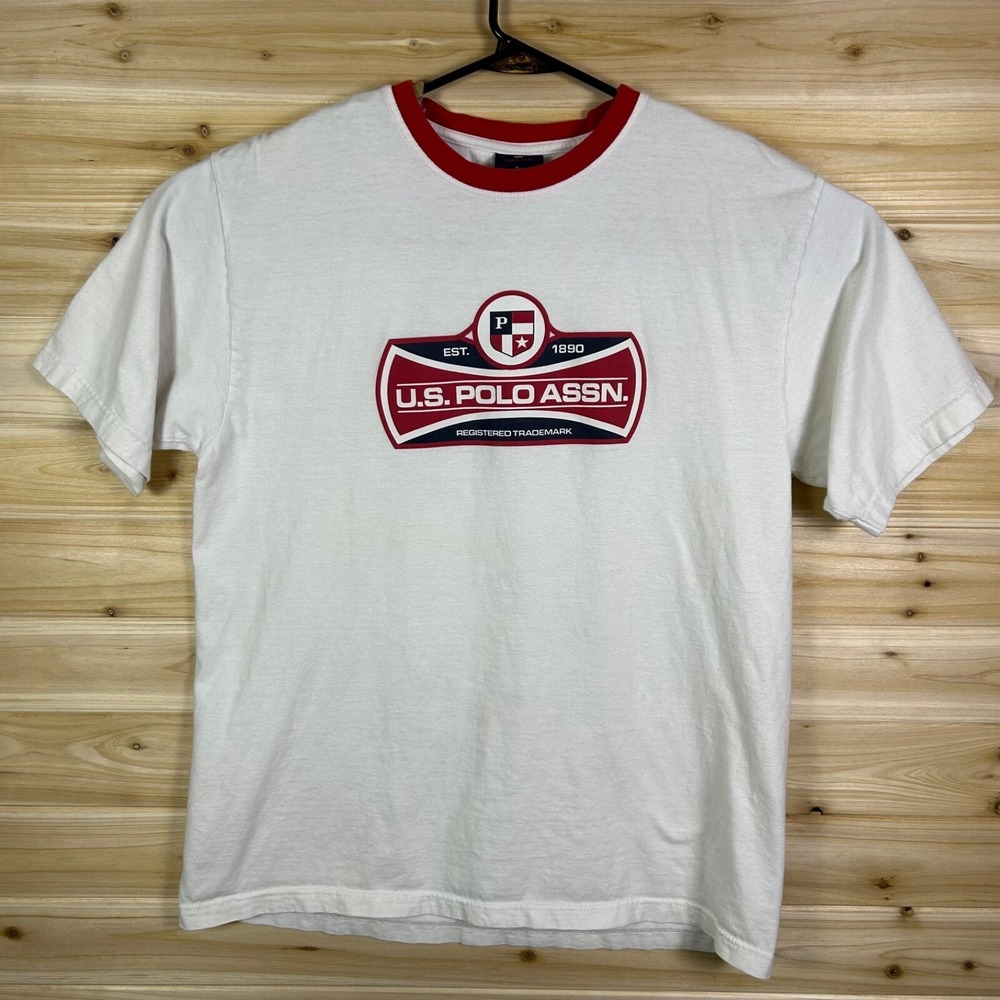 U.S. Polo Assn. T-Shirt Mens Large White And Red Shield Flag Short Sleeve